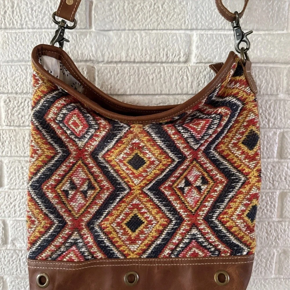 Myra Bag Multicolor Woven Crossbody with Brown Leather Trim